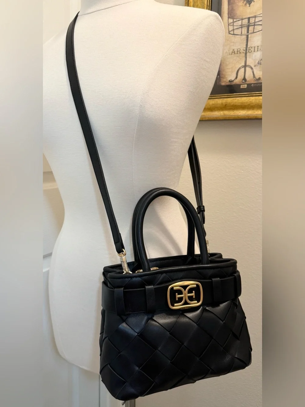 Sam Edelman Cleo Basket Weave Mini Satchel Tote Bag Black Gold Hardware NWT